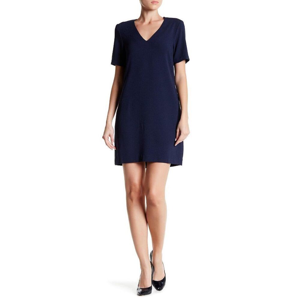 Charles Henry Navy Blue Vneck Short Sleeve Crepe Shift Dress XS 0 2 NEW C413